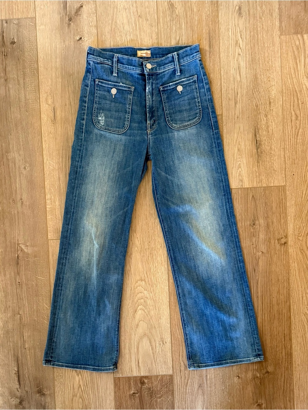 MOTHER Jeans Size 27 High Rise Wide Leg Distressed Patch Pocket Denim